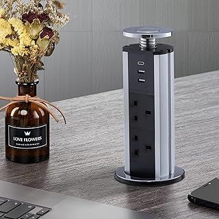 Pop Up Plug Socket with USB C and 2 USB Charging Ports 3 Plug Extension Desk Power for Kitchen Worktops Home Office - Silver