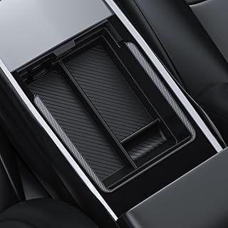 BASENOR Upgraded Tesla Model Y Model 3 Armrest Console Organizer (Carbon Edition) Armrest Storage Box Compatible with Tesla Model Y 2021-2024 Tesla Model 3 2021-2023 Interior Accessories