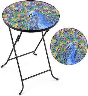 CHRISTOW Bistro Table Glass Top Round Folding Garden Patio Decoration Plant Stand (Painted Peacock)