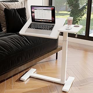 PUNCIA Adjustable Pneumatic Overbed Table with Wheels Split Top Tilting Bedside Bed Table with Tray Rolling Laptop Computer Standing Desk Cart Height 69.5-102cm