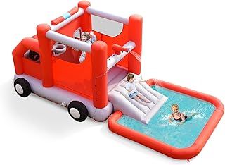 GYMAX Kids Bouncy Castle with Slide, Pool, Jumping Area, Fire Truck Toy Cab, Basketball Hoop and Carrying Bag, Outdoor Inflatable Bounce House for Children