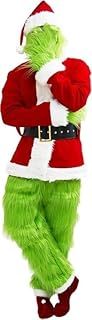 Aunaeyw Christmas Santa Costume Set for Adults Kids Green Furry Fancy Dress Outfit Halloween Xmas Funny Cosplay Costume Props