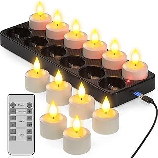 PChero Rechargeable Tea Lights with Charging Base, 12 Pack LED Flameless Battery Operated Fake Tealight Candles Flickering with Remote Control Timer for Halloween Pumpkin Christmas Table Decorations