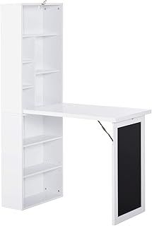 HOMCOM Wall Mounted Computer Desk, Space Saving Folding Study Table with Black Board, Bookshelf, Floating Writing Desk with Adjustable Shelf, 9 Open Compartments for Small Space, White