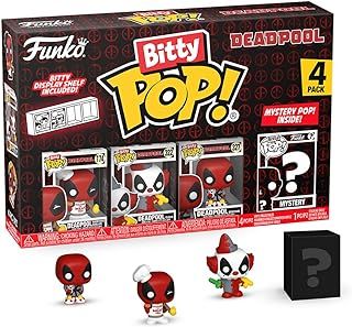 Funko Bitty Pop! Deadpool (Backyard Griller), Deadpool (Clown), Deadpool (Bedtime), and a mystery Bitty Pop! figure - 0.9 Inch (2.2 Cm) Collectable - Stackable Display Shelf Included
