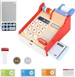 SOKA Wooden Cash Register Children’s Shop Grocery Checkout Till Toy Cashier Role Play Supermarket Shopping Money Educational Pretend Playset for Kids Children Girls Boys 3 year old +