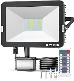 30W Security Lights Security Lights Outdoor Motion Sensor with IR Remote Control, 3000LM 6500K Cold White Outdoor Lights Mains Powered IP66 Waterproof LED Floodlights for Garden, Backyard