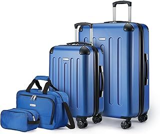 Amazon Basics Hardside Spinner Luggage Set, 4-Piece, Large Suitcase, Carry-On Suitcase, Tote Bag, Compact Travel Bag, Expandable, 4 Spinner Wheels, Navy Blue