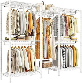 REIBII Clothes Rack, 380KG Heavy Duty Clothes Rail for Bedroom, Metal Clothes Hanging Garment Rack Coat Rail Freestanding, Portable Closet Open Wardrobe with Shelving, 195H x 190W x 45D cm, White
