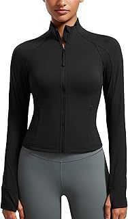 CRZ YOGA Women's Butterluxe Full Zip Running Jacket Pockets Outdoor Sports Cropped Jackets Gym Long Sleeve Top with Thumb Holes