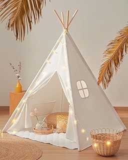 Tiny Land Kids Teepee Tent with Mat & Light String& Carry Case- Kids Foldable Play Tent for Indoor Outdoor, Raw White Canvas Teepee - Kids Playhouse - Portable Kids Tent