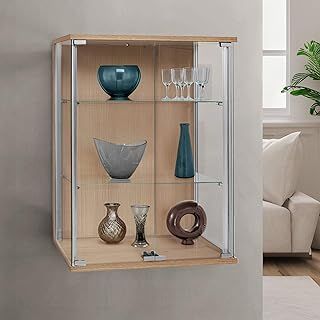 Displaysense Oak Finish Wall Mounted Display Cabinet, with Double Doors and 2 Height Adjustable Shelves, 600mm Width x 800mm Height x 250mm Depth