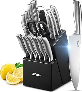 Knife Set, 16 Piece Kitchen Knifes Set with Block Wooden, German High-Carbon Stainless Steel Chef Knife, Steak Knives, Meat Scissors, Knife Sharpener by Yabano