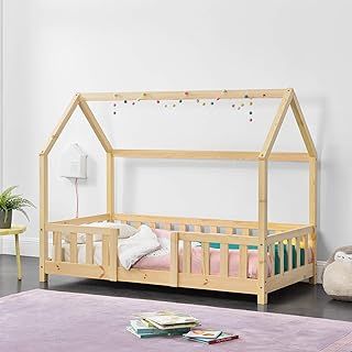 Children's bed Sisimiut House bed 70 x 140 cm with fall-out protection Slatted frame Pine Wood look