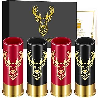 Deer Head Plastic Shot Glasses, Set of 4 with Gift Box, 12GA Stag Hunting Gifts, Novelty Shot Glasses for Men Women Wedding Party Gifts, Small Bullet Shot Cups for Whiskey Vodka Liquor, Black&Red