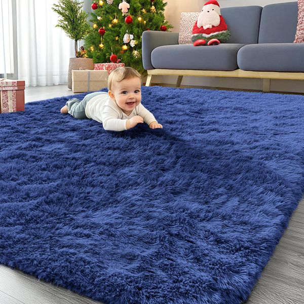 Homaxy Fluffy Washable Small Rugs Living Room 60 x 100 cm, Navy Blue