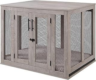 Dog Crate Furniture with Cushion, Medium Size Dog Kennel with Wood and Mesh, Dog House, Pet Crate Indoor Use, Grey Colour
