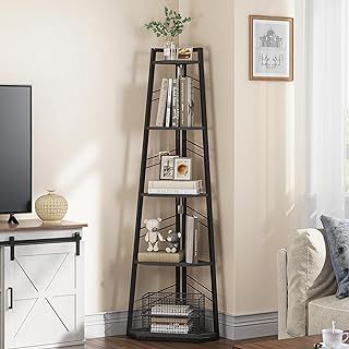 YITAHOME Corner Shelf 5 Tier, Industrial Corner Bookshelf Modern Floorstanding Corner Bookcase Ladder Shelf Wooden Open Display Shelving Unit for Living Room, Hallway, Home Office, Black Book shelf