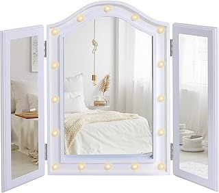 HOMCOM Trifold Freestanding Mirror, Lighted Tabletop Vanity Mirror Large Cosmetic w/16 LED Lights powered by batteries Foldable For Bedroom- White