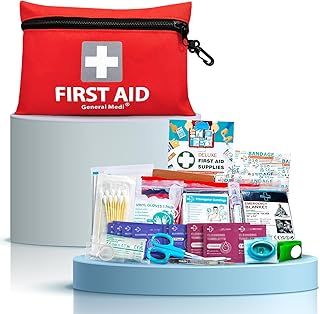 General Medi Mini First Aid Kit, 92 Pieces Small First Aid Kit - Includes Emergency Foil Blanket, Scissors for Travel, Home, Office, Vehicle, Camping, Workplace & Outdoor (Red)