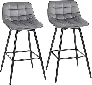 HOMCOM Set of 2 Bar Stools Velvet-Touch Dining Chairs Kitchen Counter Chairs Fabric Upholstered seat with Metal Legs, Backrest, Grey