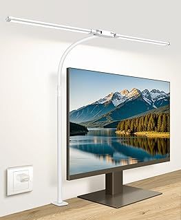 Desk Lamp with Clamp, with 5V 2A Adapter, LED Desk Lamp with Dual Head, 50 Light Modes, Computer Monitor Flexible Gooseneck Lamp, Eye Protection Desk Lamps for Study, Office, Crafts, Draw(White)