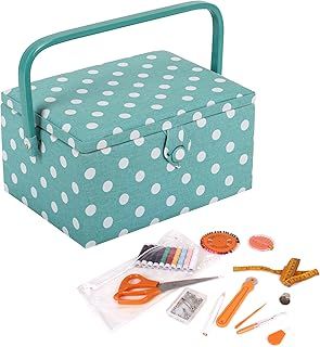 Hobby Gift Filled Sewing Box - Craft & Hobby Storage, Sewing Basket with 94 Piece Sewing Kit Included, Medium, Spotty Duck Egg, 18.5 x 25.5 x 14.5cm