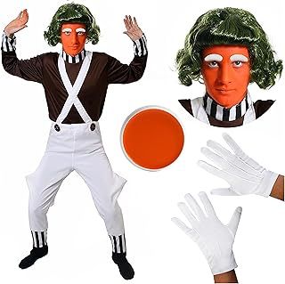 Adults Chocolate Factory Worker Fancy Dress Costume - Book Week Character Brown Top - White Dungarees - Wig - Gloves - Eyebrows - Facepaint Unisex