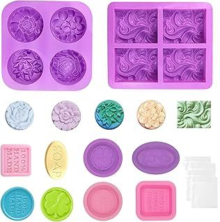 6Pcs Flower Homemade Soap Mould Set, Reusable Rectangle & Rounded Silicone Soap Molds, 4 Cavity Soap Silicone Mould Set with Storage Bags for DIY Cakes