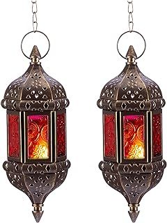 Nuptio Moroccan Candle Lantern 2 Pcs Hanging Tea Light Candle Holders Metal & Glass Ramadan Lamp Brown Decorative Lanterns for Candles for Living Room Balcony Patio Halloween Christmas Decorations