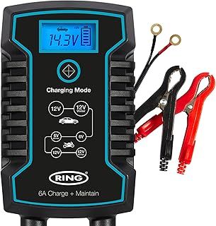 Ring Automotive 6A Smart Car Battery Charger & Maintainer - Suitable for All Cars: Connect Quickly with Clamps or Included O-Ring Terminals, Black
