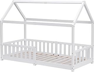 Kingwudo® White and Natural Pine Wood Bed Frame Kids Bed Scandinavian House Style for Girls or Boys Standard Single Bed Frame for Bedroom Furniture, Mattress (WITHOUT) 90x190 cm (White)