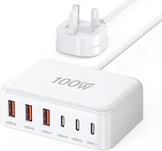 USB C Charger Block 100W GaN 6 Port Type USB C Charging Station Portable Travel Multi USB Desktop Charger 3 USB C 3 USB A Fast Charger for iPad iPhone 16 15 14 13 12 Pro Max Pixel Note Galaxy -White