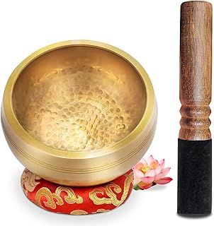 Singing Bowl Set, 13 cm Handmade Tibetan Large Sound Bowl,Singing Bowl Set with Leather Clapper, Accessories for Relaxation, Yoga, Chakra, Meditation (gold)