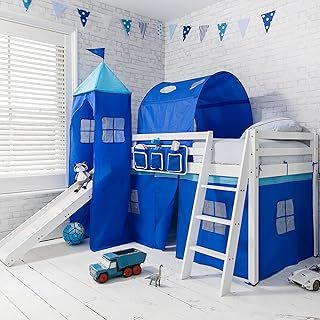 Noa and Nani Mid Sleeper Bunk Bed WHITE Pine Cabin bed with Slide + BLUE Design + Tunnel 6970WG-BLUE