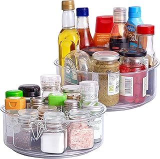 2 Pack Clear Lazy Susan Turntable Shelf Organiser (360°, 23cm) - High Rim - Rotating Spice Jars Storage Holder, Condiments, Cosmetics - Kitchen, Fridge, Pantry, Cupboard