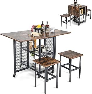 Drop Leaf Dining Table and 2 Stools Set, 3 Piece Folding Bar Table Set with 2-Tier Storage Shelf & Wheels, Space-saving Breakfast Table Chairs Set for Home Dining Living Room Restaurant
