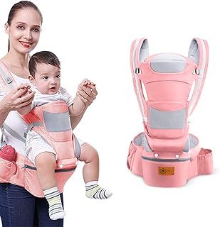 Baby Carrier with Hip Seat Lumbar Support for Newborn, Infant & Toddler, All in One Ergonomic Large Storage Capacity, 100% Cotton Lightweight and Breathable (Pink)