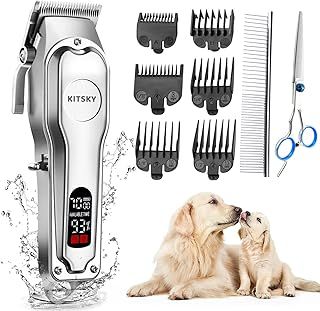 kitsky Dog Clippers, Dog Grooming kit, Professional for Thick Coats/Heavy Hair, Low Noise Rechargeable Cordless Pet Shaver for Dogs Pets and Animals, Dog Trimmer for Grooming, Dog Shaver, Silvery