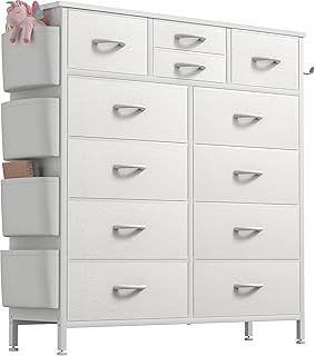 Buluri Chest of Drawers Bedroom, 12 Fabric Drawers Dresser with Side Pockets and Hooks, Wooden Top and Metal Frame, Tall Drawers for Closet, Living room, Kids Room (White)