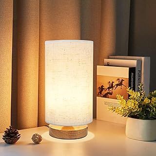 Lamp for Bedroom, Small Table Lamp Minimalist Bedside Light with Linen Fabric Shade Classic On/Off Switch and Natural Wooden Base Bed Side Lamp for Living Room, Office, Desk (Warm Light Bulb Included)