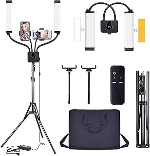 Yofuly Lash Light Lamp, Adjustable Beauty Light 3200-5500K Dimmable LED Lighting Set with Tripod Stand & 2 Phone Holders, for Makeup, Eyelash Extension, Tattoo, Live Streaming, Photographic Light