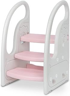 Onasti Step Stool for Kids, 3-Step Height Adjustable Toddler Step Stool, Plastic Learning Tower, Kitchen Helper, Toilet Steps with Handles and Non-Slip Pads, for Counter, Bathroom & Sink (Pink)