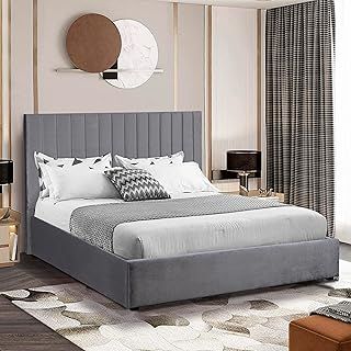 Ottoman Storage Bed, Velvet Double Bed Frame, Upholstered Gas Lift Up Bed Frame with Storage, Ottoman Storage Bed with Wooden Slats, (4ft6 Grey Double 135 x 190, No Mattress)