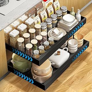 2PCS Telescopic Extendable Slide Out Drawer Shelves Storage for Kitchen Cabinet, Adjustable Width 31.5cm to 52cm, No Drilling Pull Out Cabinet Organiser with Rail System for Kitchen Base
