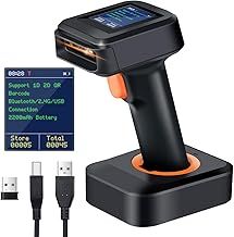Tera 2D Barcode Scanner Wireless, Bluetooth QR Code Scanner, with Time Display Screen Battery Level Indicator Charging Base, Patent Number 90078251950003, HW0006