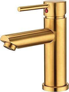 Peppermint Basin Mixer Tap Gold Bathroom Sink Taps, Modern Mono Single Lever Basin Taps with UK Standard Hoses for Bathroom, Stainless Steel
