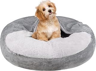 MICOOYO Hooded Dog Bed Medium, Cozy Donut Dog Blanket Bed for Doggie, Claming Pet Caved Bed for Cats Puppies (Medium, Grey)