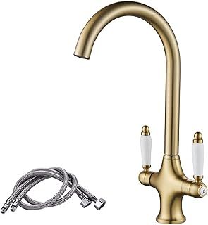 Traditional Dual Ceramic Lever Swivel Spout Kitchen Sink Mixer Tap, Monobloc Brushed Gold