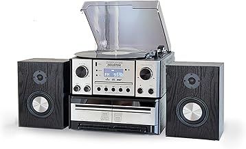 HOUSTON Silver 6 in 1 Music Centre, Bluetooth Vinyl Record Player, Turntable with CD, Cassette, DAB+ / FM Radio, USB MP3 playback & Encoding, Remote Control, WIRELESS Stereo Speakers